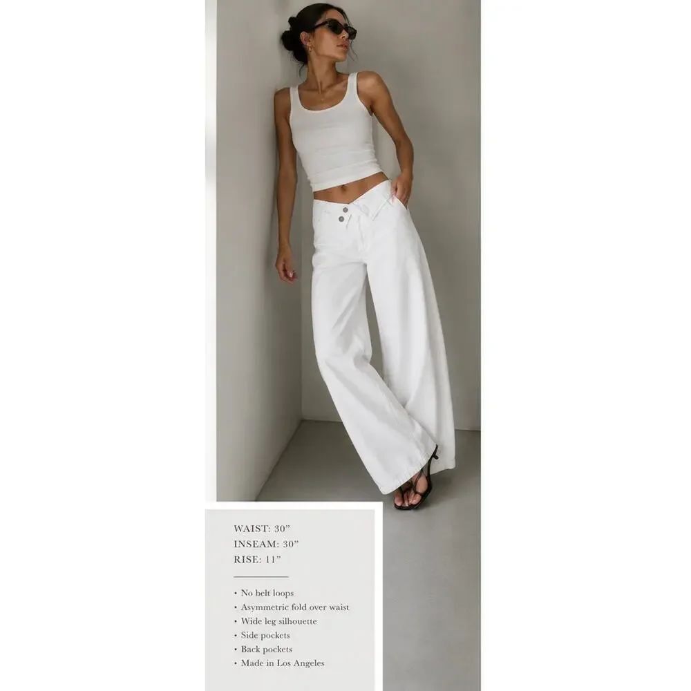 EB Denim White Asymmetric Fold Over Waist Wide Leg Jeans Size 27 Made USA - Picture 3 of 12